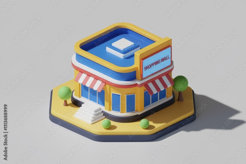 Aufkleber a 3d rendering of a colorful shopping mall with trees and stairs.