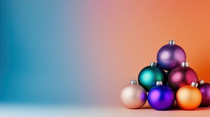 Fototapeta premium Colorful stack of layered christmas ornaments in gradient festive display holiday decoration studio setting