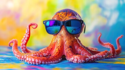 Cool octopus wearing sunglasses against a vibrant background. (1)