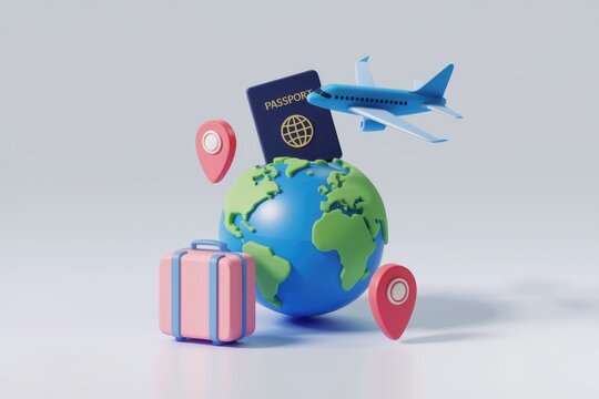 Travel essentials  passport  plane  globe and suitcase - Powered by Adobe