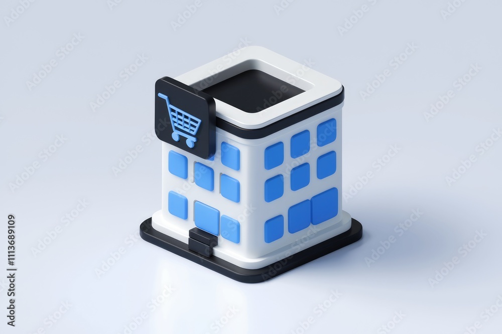 Poster 3D rendering of a store building with a shopping cart icon.