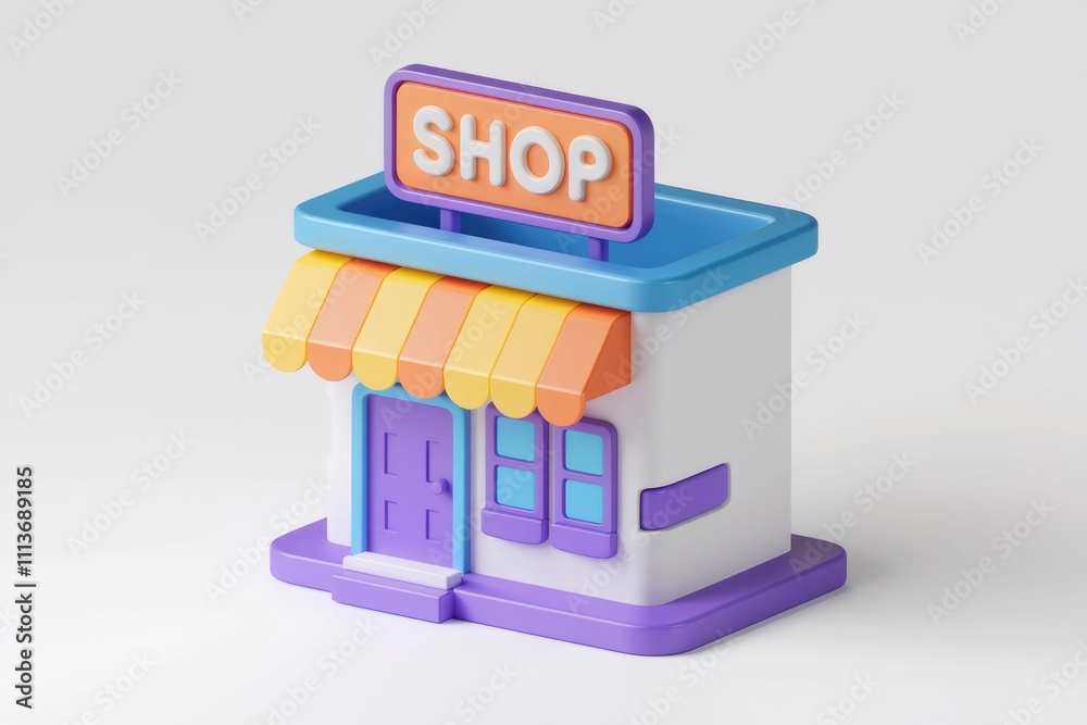 Poster a colorful 3d model of a shop with an awning.