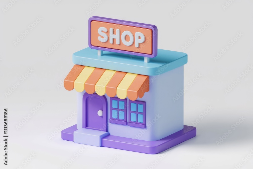 Poster a 3d model of a colorful shop with an awning.