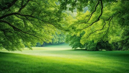 A picturesque summer landscape with lush green trees, a winding path, and a vibrant blue sky