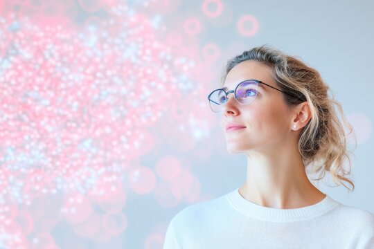 Visionary Young Woman in Professional Setting with Digital Presentation Background
