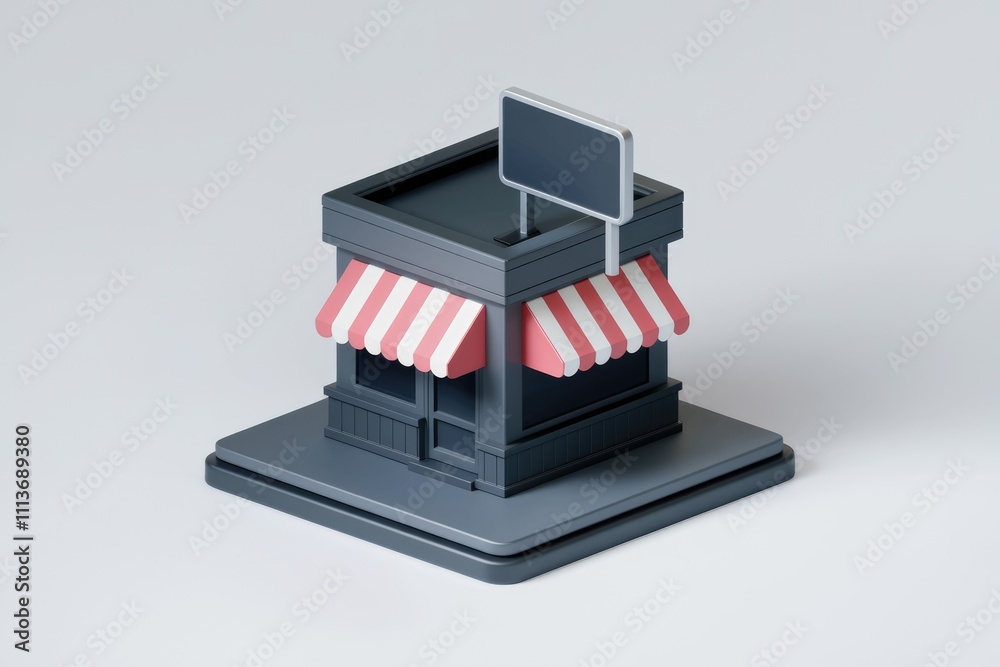 Aufkleber A 3D rendering of a small storefront with a blank sign.