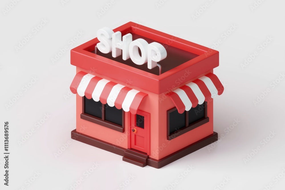Poster A 3D rendering of a simple red shop with white awning.