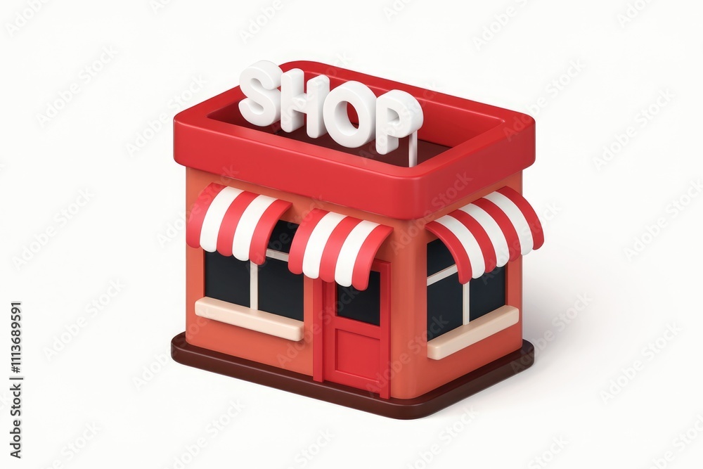 Poster a 3d cartoon rendering of a small red shop with a white sign.