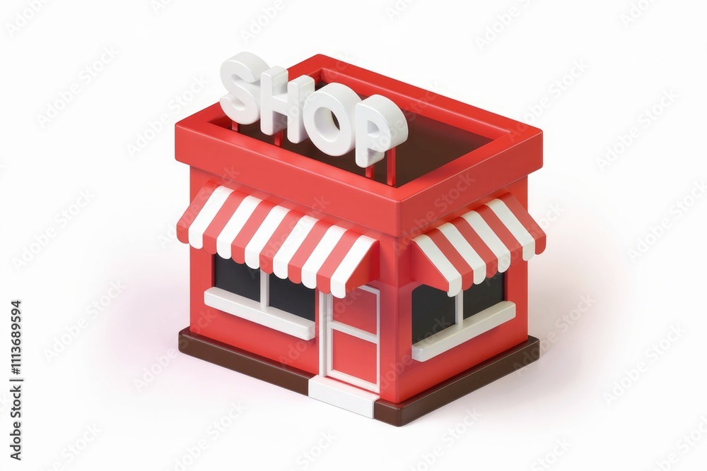 Poster 3d rendering of a red shop with a white awning and a sign that says shop
