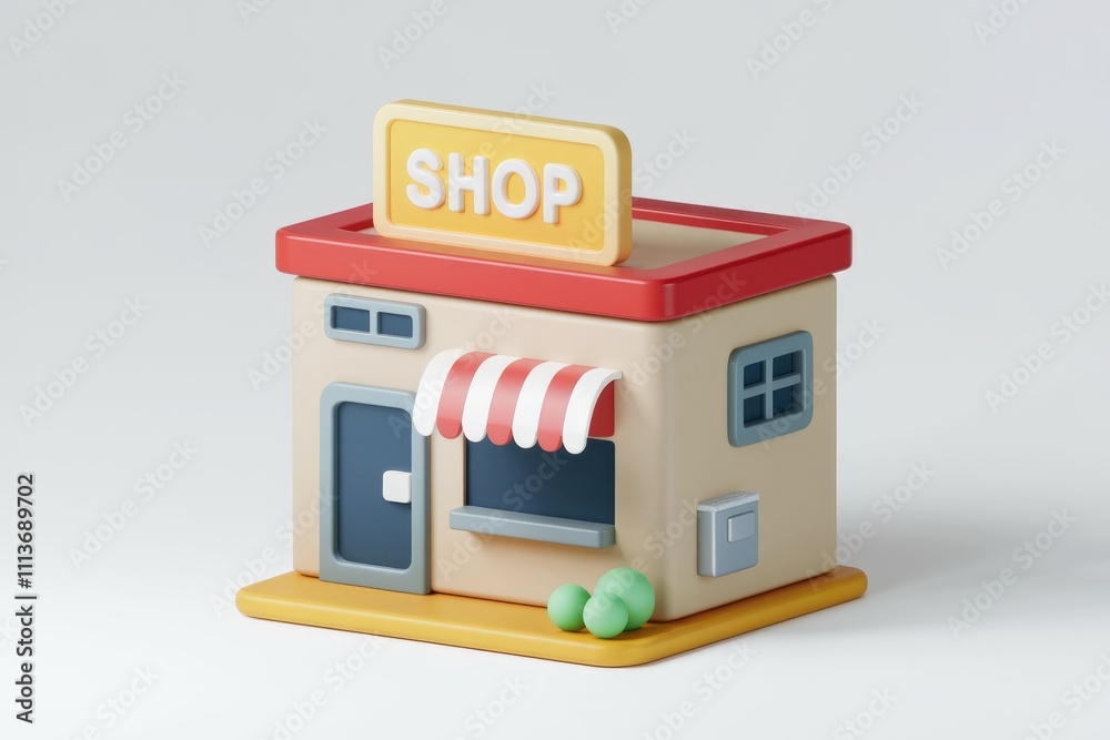 Poster a 3d model of a small store with a yellow sign.