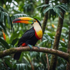A colorful toucan perched on a branch in a tropical rainforest.

