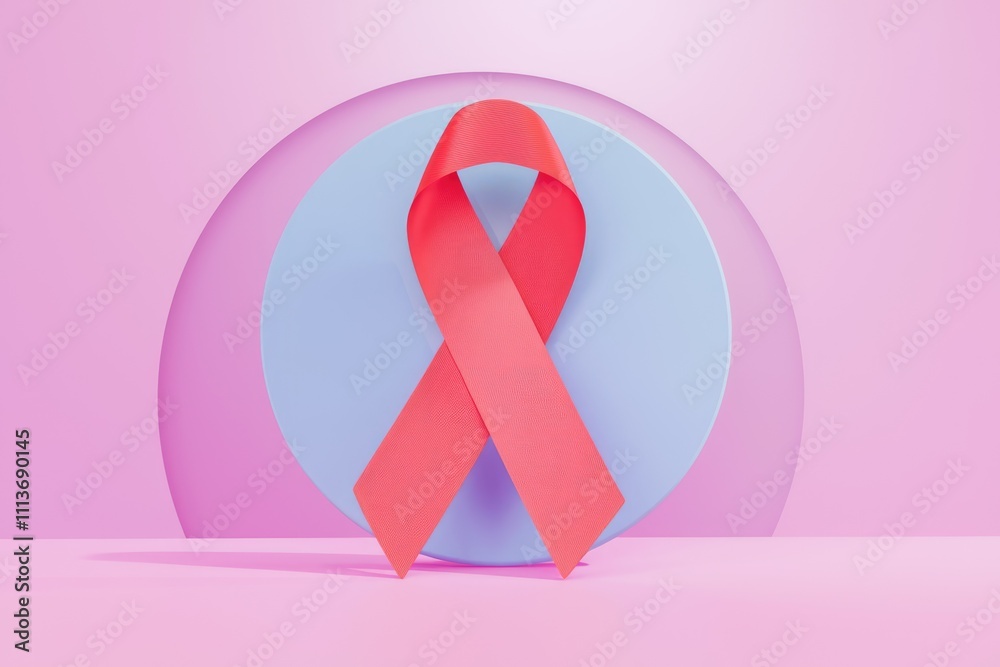 Poster a pink and blue background with a red ribbon in the center.