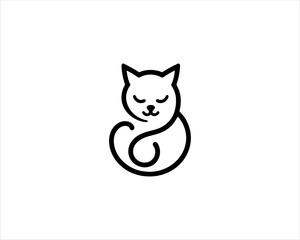 Minimalist Cat line art logo design icon vector illustration. Animal logotype concept. Outline cat logo.