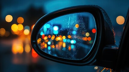 City Lights Reflected in Car Mirror