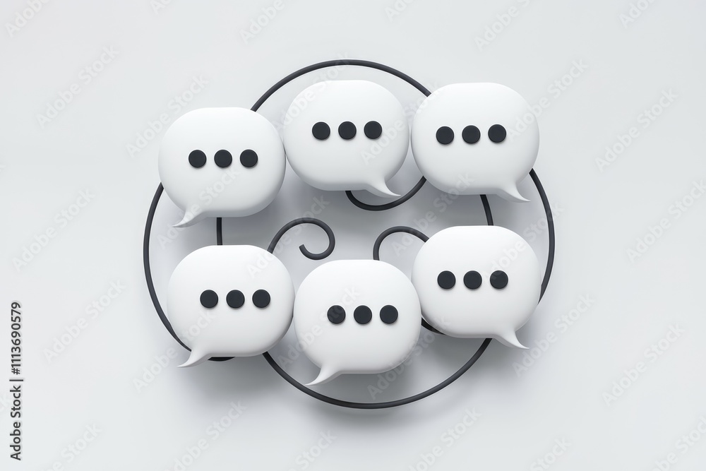 Poster white speech bubbles with black dots connected by a black wire.