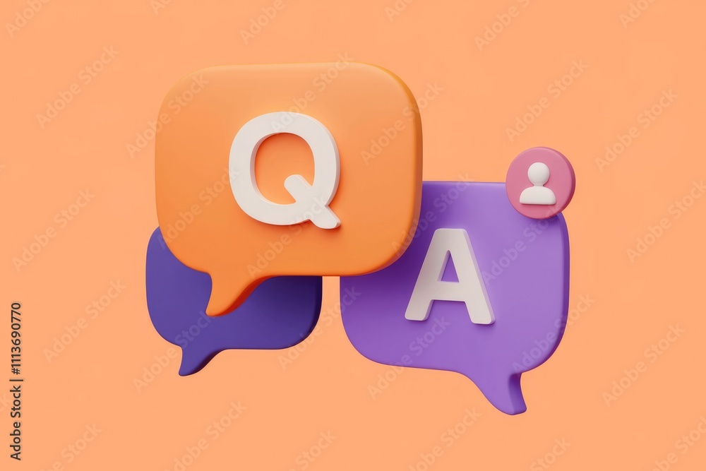 Poster 3D render of a Q&A chat bubble with a user icon