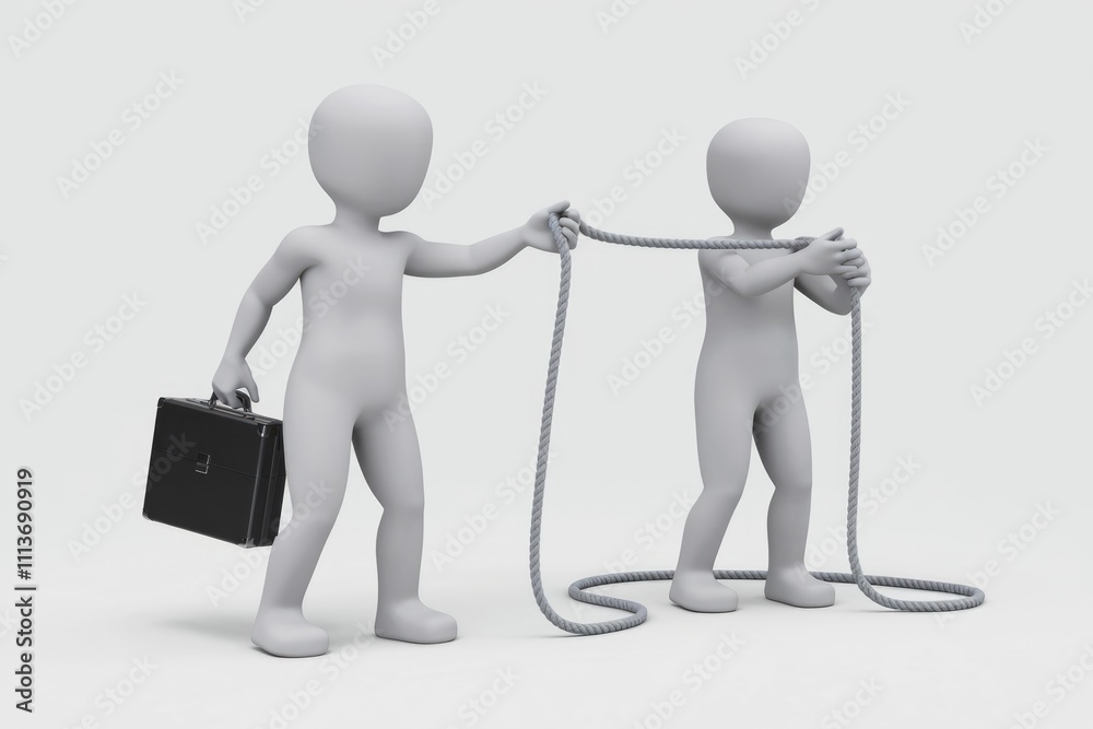 Poster two 3d figures pulling a rope one carrying a briefcase.