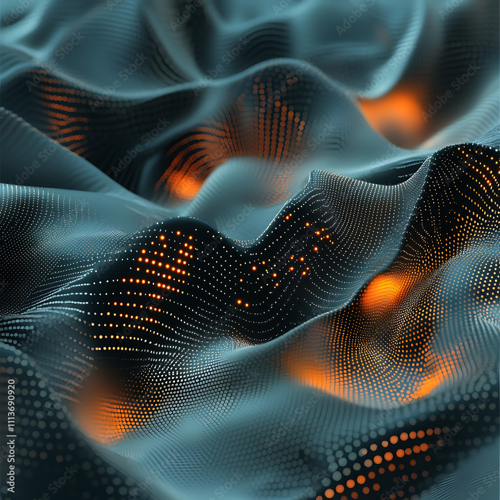 Poster abstract waveform with glowing orange particles. a mesmerizing abstract image of undulating waves an