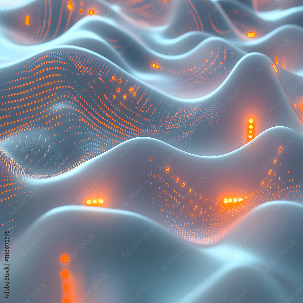 Poster abstract waveform with glowing orange particles. a mesmerizing abstract image of undulating waves an