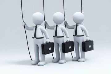 Three businessmen are tied up with ropes and holding briefcases.