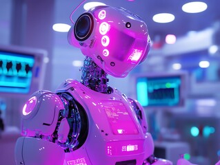 Digital art of a glowing robotic surgeon in a futuristic operating room for advanced healthcare