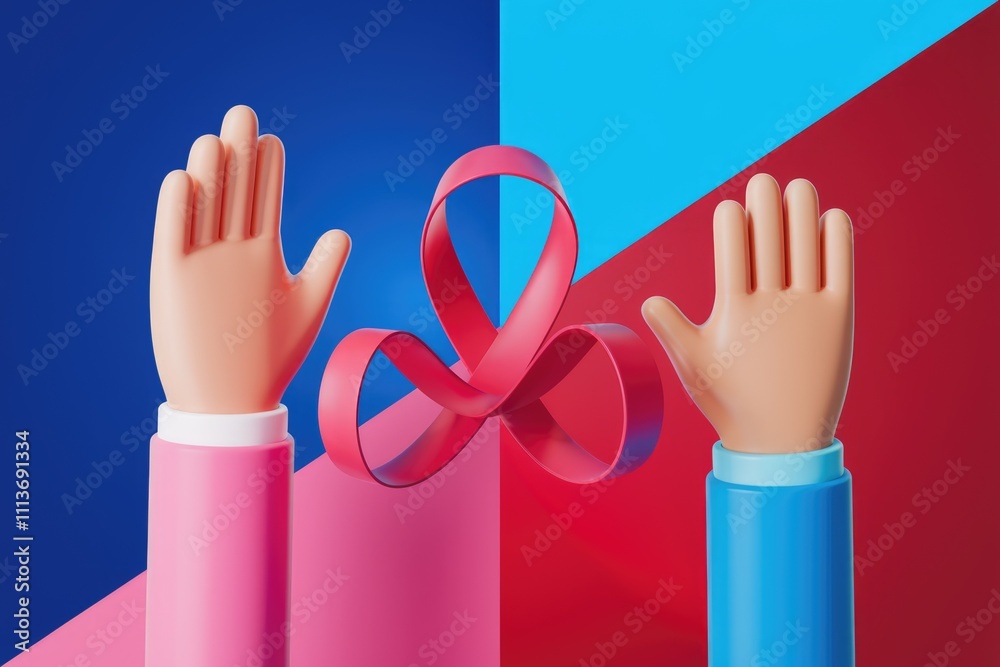 Aufkleber Two 3D cartoon hands raised on a colorful background with a red ribbon in the center.