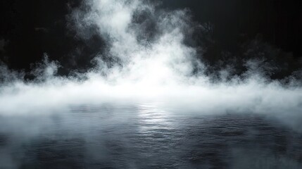 Fototapeta premium Dark, mysterious scene with bright light reflecting on a foggy water surface.