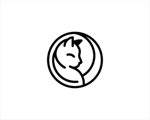 Minimalist Cat line art logo design icon vector illustration. Animal logotype concept. Outline cat logo.