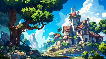 Obraz premium Game Level Backgrounds: Various settings designed for video games, including landscapes, interiors, and fantasy worlds.