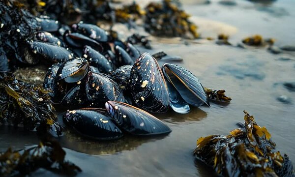 A close-up of black mussels on a rocky surface with seaweed.