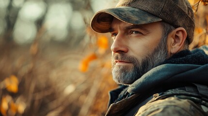 Obraz premium Outdoorsman in autumnal forest, thoughtful male hunter.