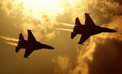 A photograph depicts two fighter jets in the sky, with one silhouette flying high and another flying low below, against a cloudy background. The sun is shining through the clouds above them