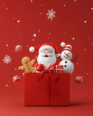 Cute santa snowman and gingerbread man in a christmas festive gift box