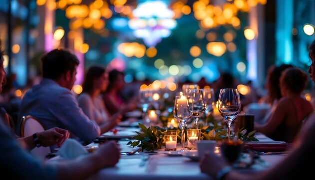 A event dinner with guests seated and a blurred background to enhance the elegance and atmosphere of the occasion and beauty of evening