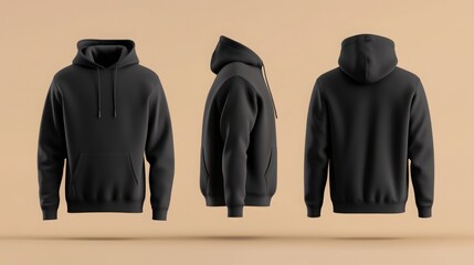 black pullover hoodie with drawstring mockup for men with front and back view. hoodie mock-up template .