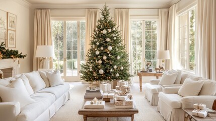 Cozy and Festive Living Room with Christmas Tree Decorated with Ornaments, Beautifully Wrapped Gifts and Bright Natural Light Streaming Through Windows