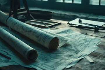 Architectural blueprints and blueprint rolls and a drawing instruments on the worktable