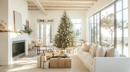 Fototapeta premium Cozy and Bright Modern Living Room Decorated for the Holidays with a Beautiful Christmas Tree and Presents Underneath, Bathed in Soft Natural Light