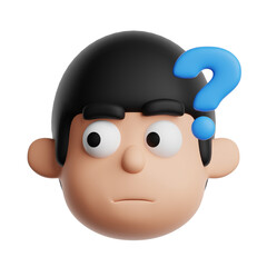 3d confused emoji icon. Cartoon boy with question mark emoticon isolated on transparent background