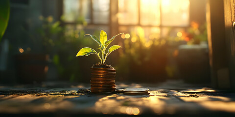 A small plant growing from a stack of coins, symbolizing financial growth and sustainability.