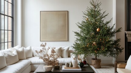 Cozy Indoor Living Room with Christmas Tree and Minimalist Decor Featuring Potted Plant and Neutral Color Palette Ideal for Holiday Inspiration