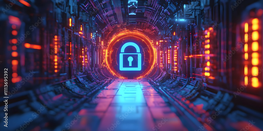 Aufkleber a futuristic tunnel featuring a glowing lock symbol, representing security and technology.