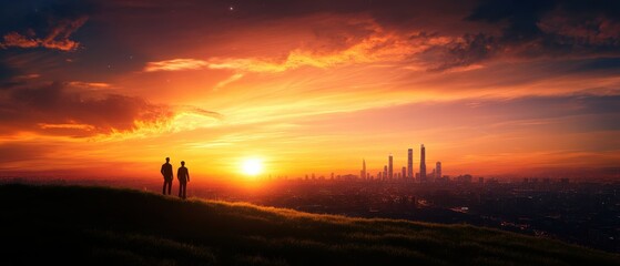 Fototapeta premium A couple stands on a hill, silhouetted against a vibrant sunset, with a city skyline in the background, creating a romantic and serene atmosphere.