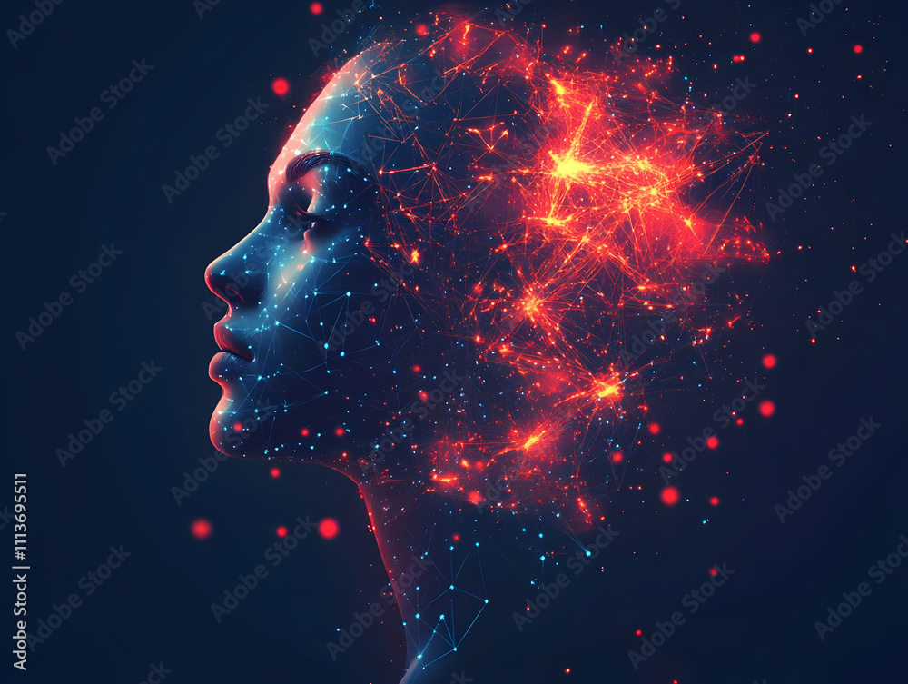 Poster a digital representation of a woman's profile with abstract, colorful energy patterns.
