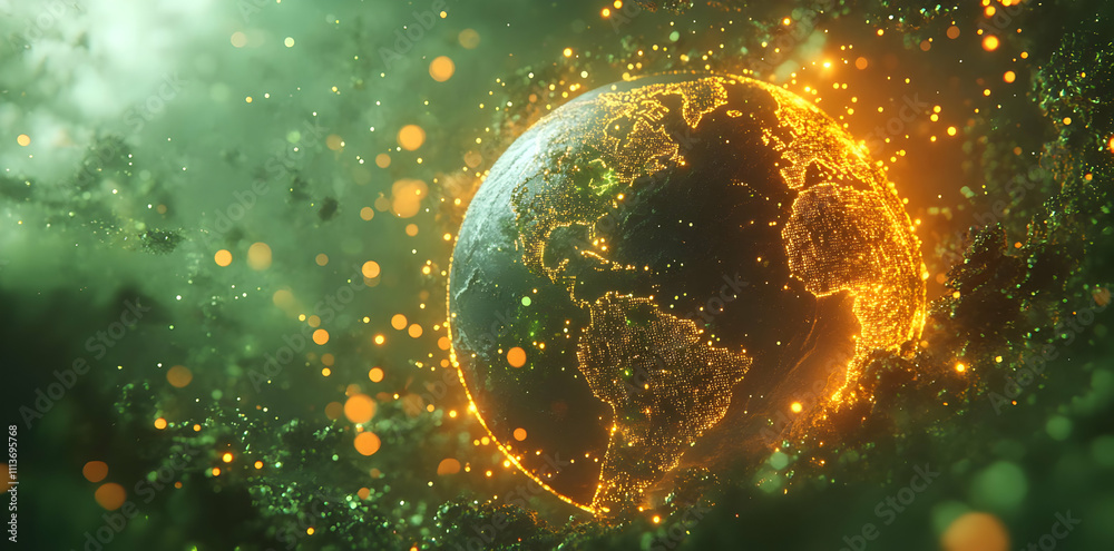 Poster a glowing representation of earth surrounded by ethereal particles and a green atmosphere.