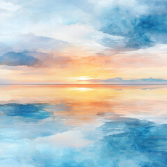 Serene Sunset Ocean Reflection  Watercolor Seascape