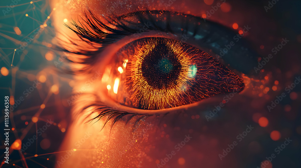 Aufkleber close-up of an eye with glowing effects and digital elements, symbolizing vision and technology.