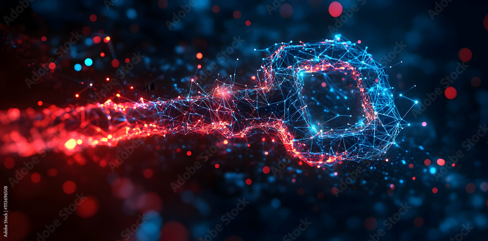 Poster A digital key made of interconnected nodes and lines, symbolizing cybersecurity and technology.