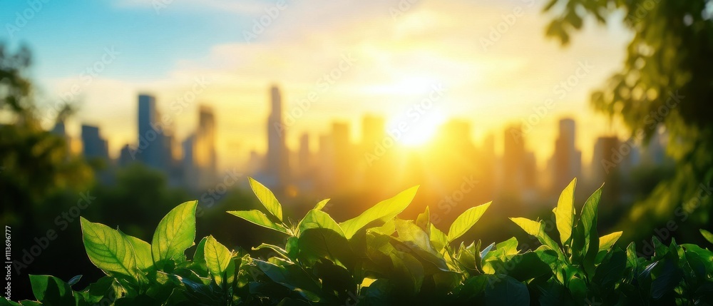 Wall mural A vibrant sunset over a city skyline, framed by lush green leaves, capturing the harmony between nature and urban life.