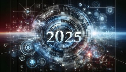 Obraz premium Happy New Year 2025: Futuristic Design with Gears and Glowing Lights